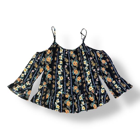 Gypsies & Moondust Cold Shoulder‎ Top Womens Size L Black Floral - Picture 5 of 7